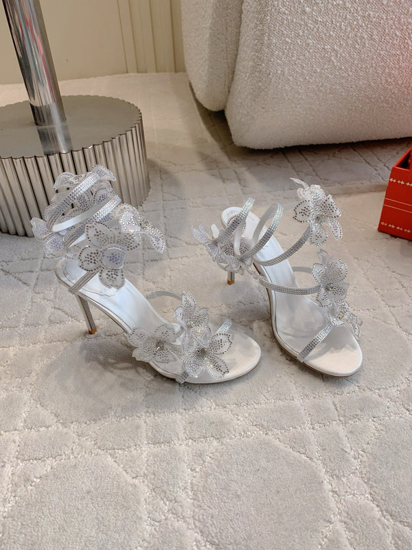 RC Flower Sandals Silver Sheepskin Rhinestones 328468