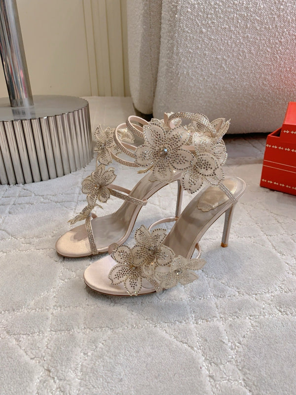 RC Flower Sandals Beige Sheepskin Rhinestones 328467