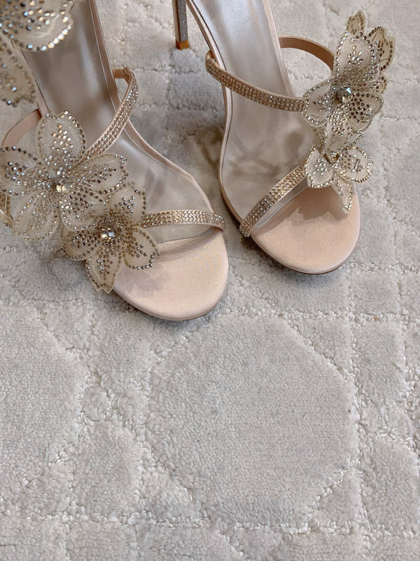 RC Flower Sandals Beige Sheepskin Rhinestones 328467
