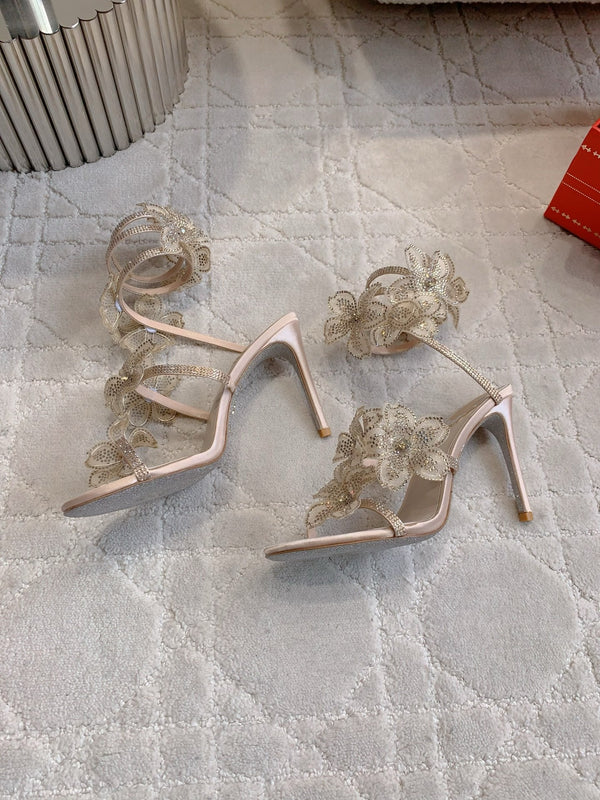 RC Flower Sandals Beige Sheepskin Rhinestones 328467