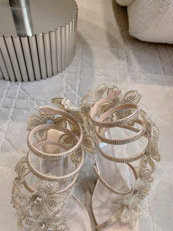 RC Flower Sandals Beige Sheepskin Rhinestones 328467
