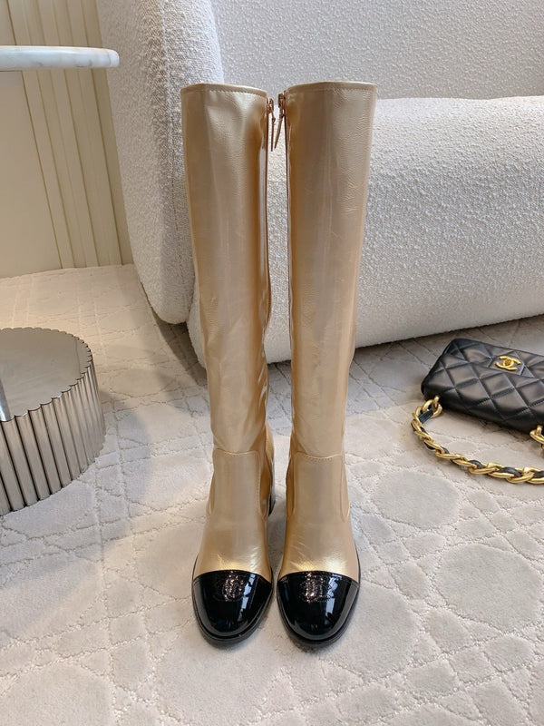 CC 25 Heeled Long Boot Light Gold mix Black Patent Leather 516681