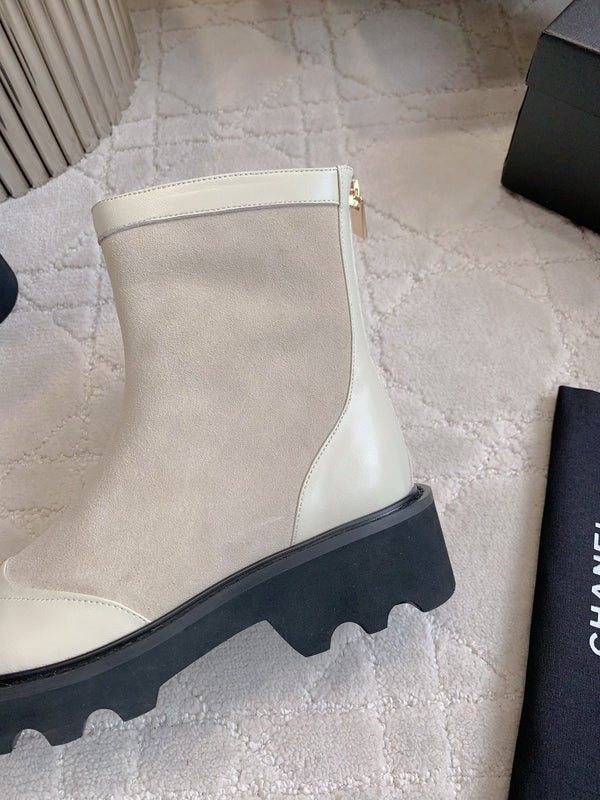 CC Nouvelle plateforme Bottines à talon Cheville Daim Taupe Clair Peau de Mouton