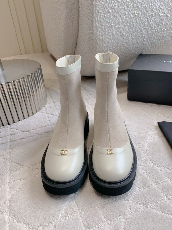 CC Nouvelle plateforme Bottines à talon Cheville Daim Taupe Clair Peau de Mouton