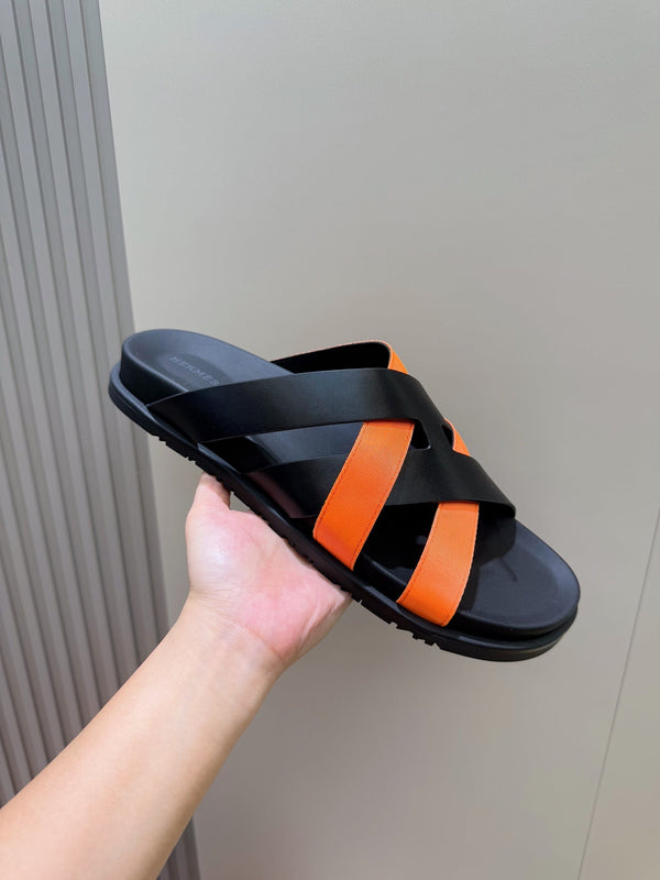 HM Men's Kazimir Slide Black Orange Calfskin 562774