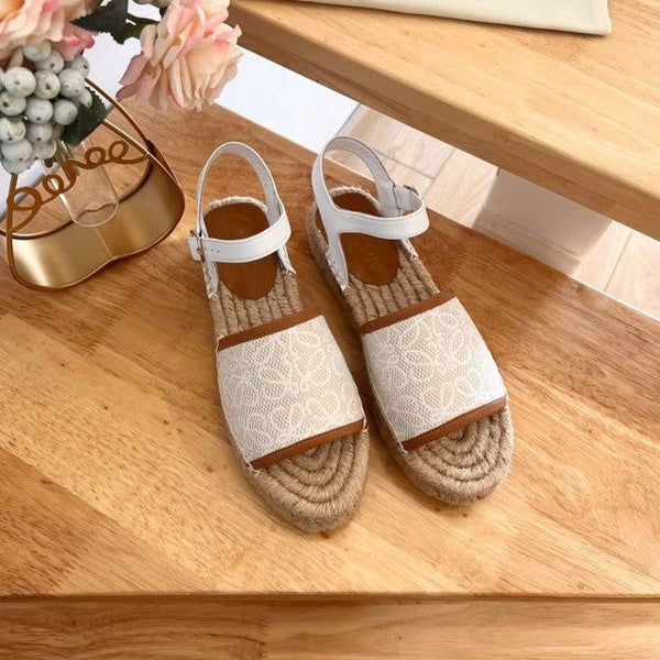 Sandali espadrillas in pelle e tela beige e bianco anagramma Loew