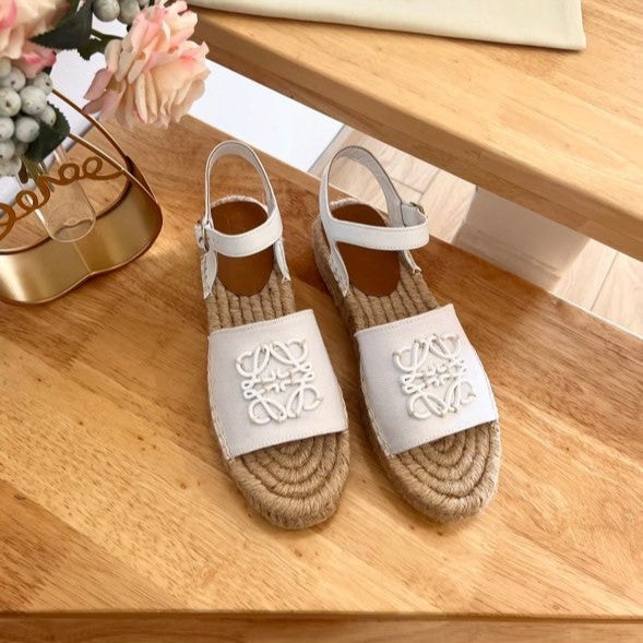 Sandali espadrillas in pelle e tela beige e bianco Anagram di Loew