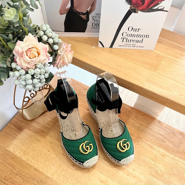 GG 26ss Platform Wedge Sandals 10cm Green Straw Canvas 692207