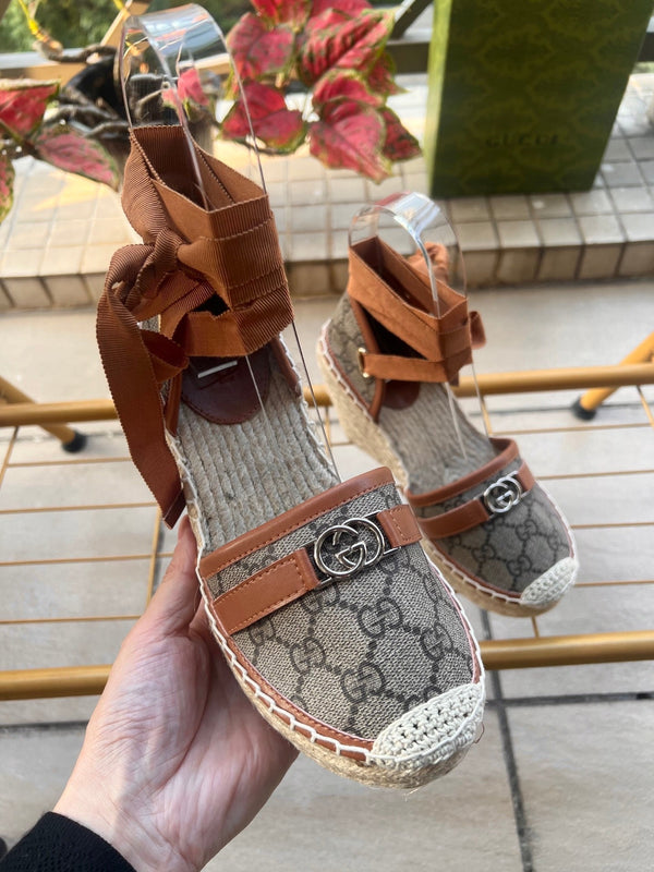 GG 26ss Platform Wedge Sandals 10cm Coffee Brown Straw Canvas 692210