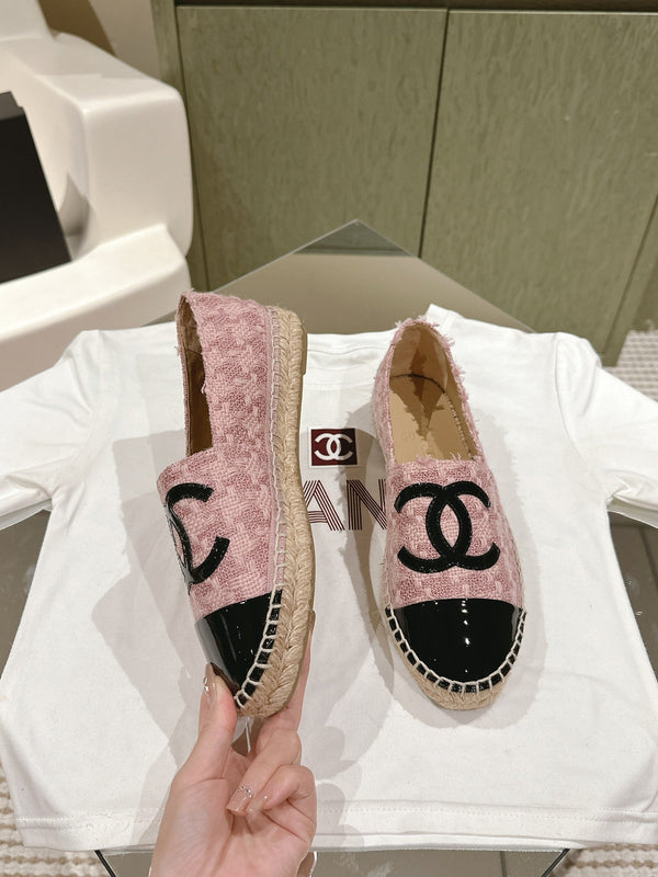 espadrilles pink tweed black patent calfskin