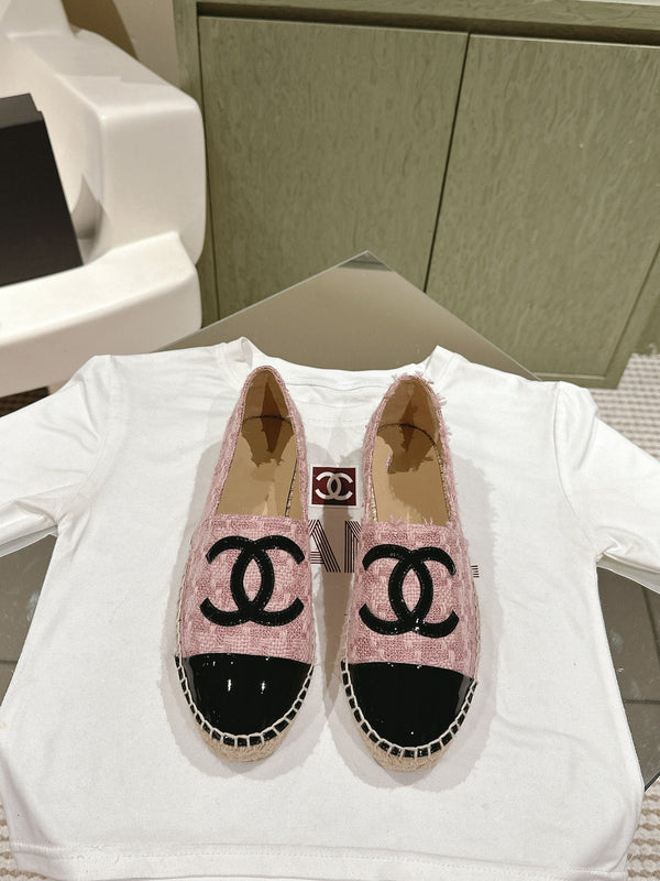 espadrilles pink tweed black patent calfskin