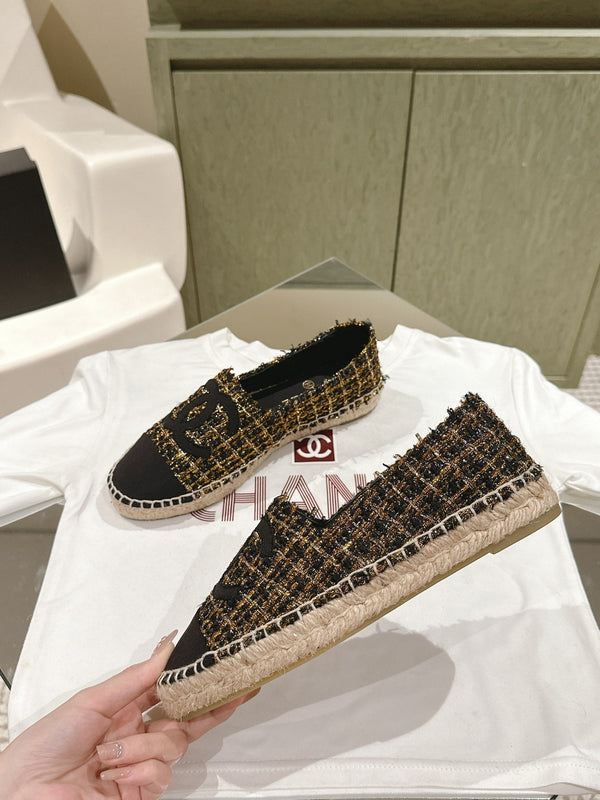 espadrile in tela tweed nera e oro