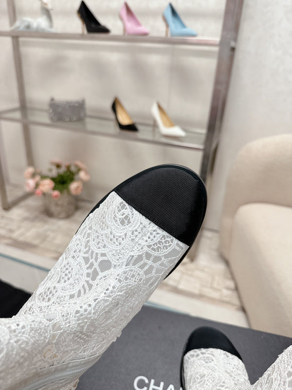 cc boots white lace fabric black grosgrain