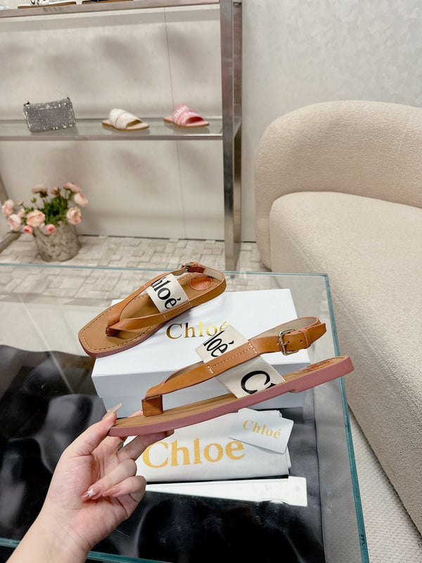 CHLOÉ THONG SANDALS IN CINNAMON BROWN CALFSKIN AND WHITE CANVAS