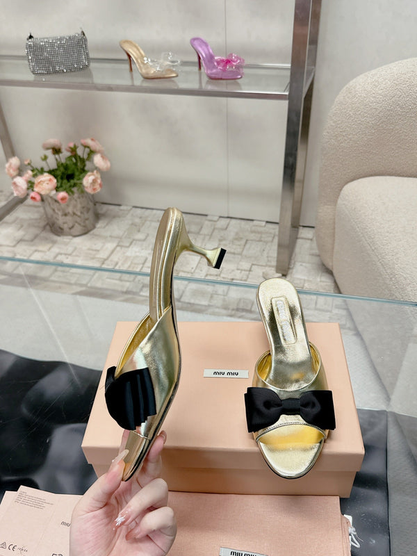 Miu Mordoré Black Bows Mules 50mm Gold Cowhide 445518