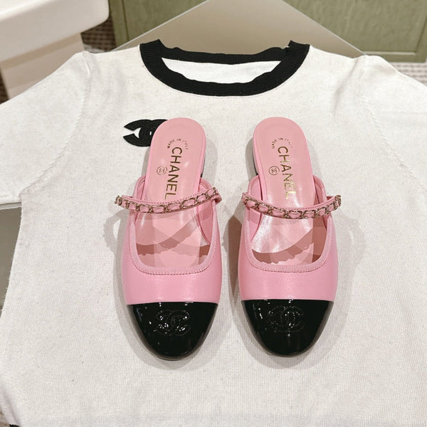 cc mule leather chain pink calfskin black patent calfskin
