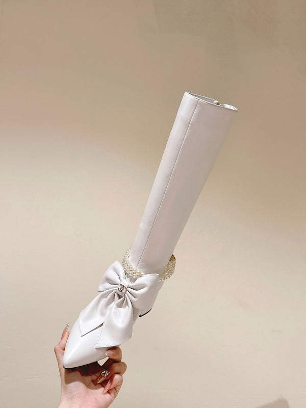 CC 24A Stivali alti fino al ginocchio con fiocco di perle 65 mm in pelle di pecora bianca 447464