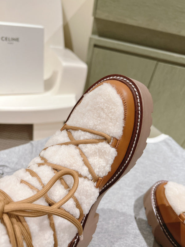 CELINE Bulky Lace-Up Boot White Brown Shearling And Calfskin 452715