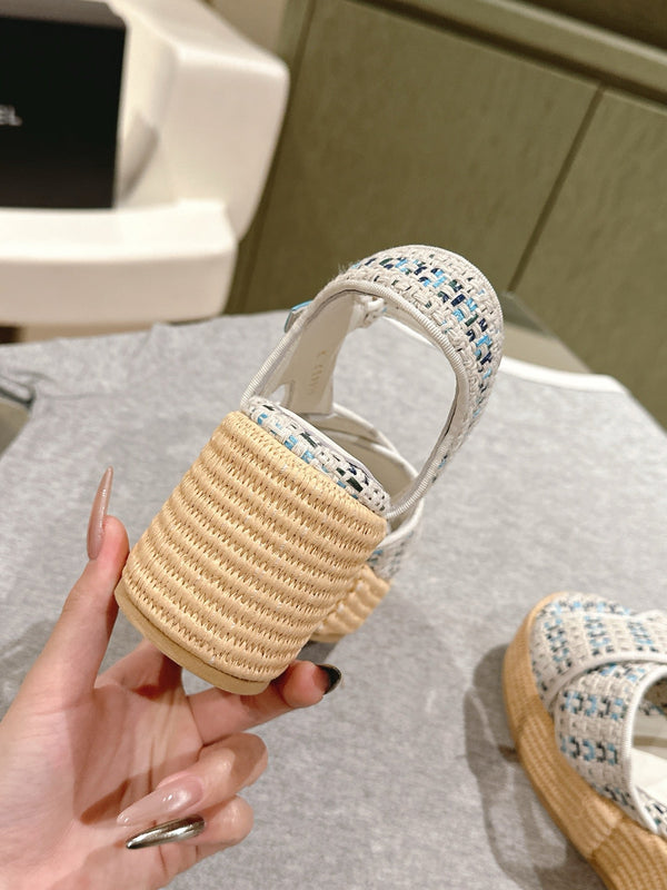 CC 25ss Espadrille Sandals 85mm Light Blue Colorful Tweed Cowhide 462244