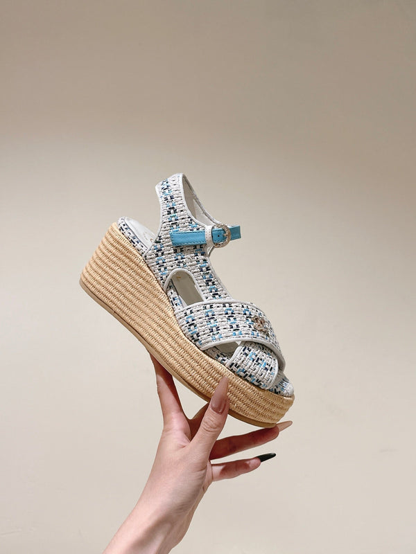 CC 25ss Espadrille Sandals 85mm Light Blue Colorful Tweed Cowhide 462244