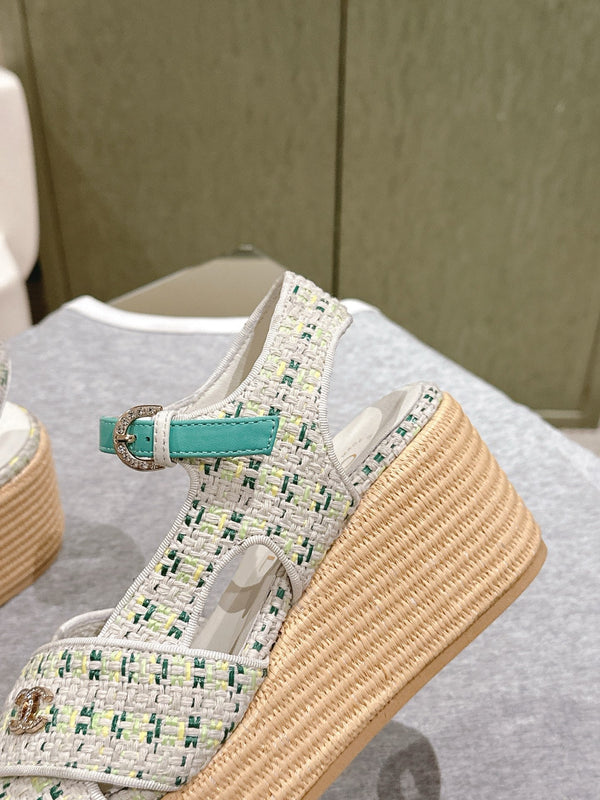 CC 25ss Espadrille Sandals 85mm Greenish-Blue Colorful Tweed Cowhide 462245