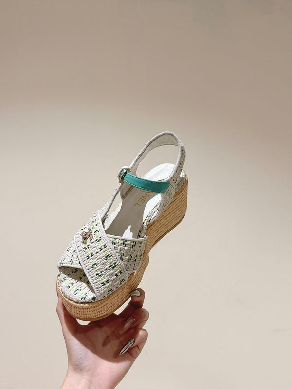 CC 25ss Espadrille Sandals 85mm Greenish-Blue Colorful Tweed Cowhide 462245
