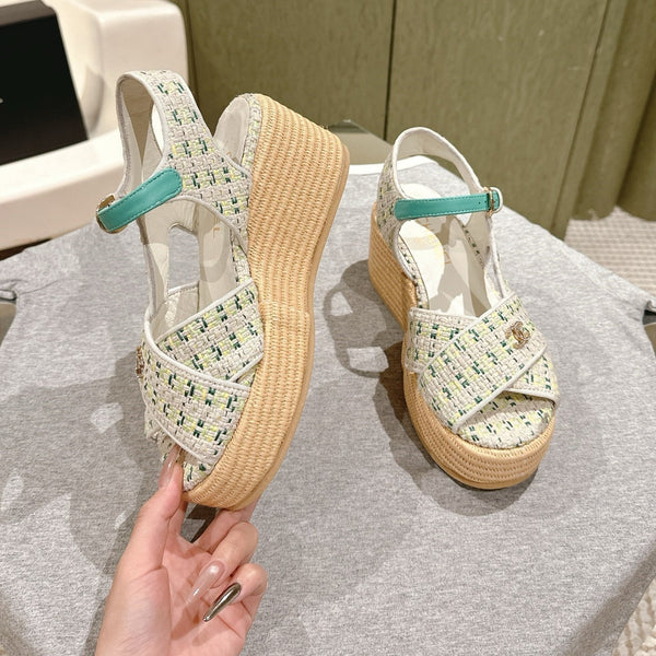 CC 25ss Espadrille Sandals 85mm Greenish-Blue Colorful Tweed Cowhide 462245