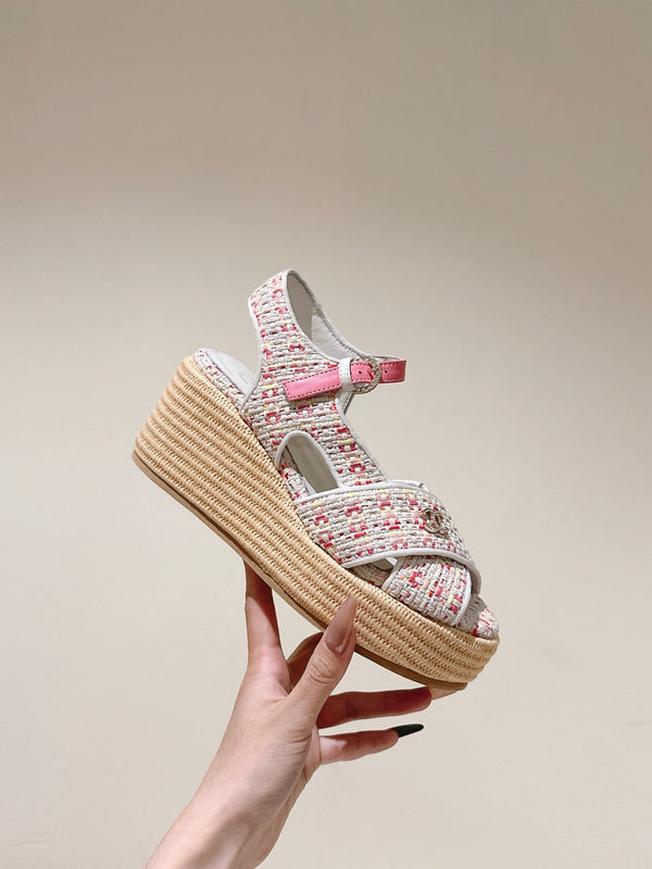 CC 25ss Espadrille Sandals 85mm Pink Colorful Tweed Cowhide 462247