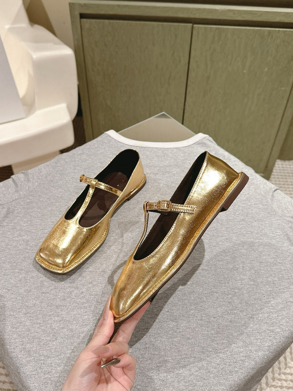 The Row Square T-Strap Flat Gold Metallic Leather 451286