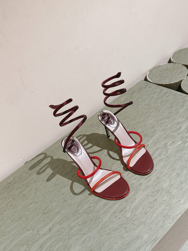 RC 25 Snake-Shaped High-Heeled Sandals Dark Red Silk Rhinestones 268061