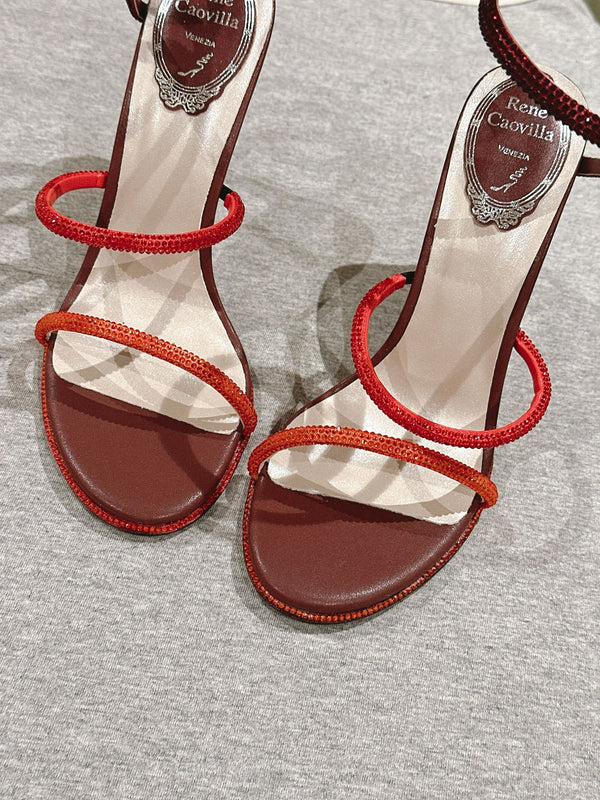 RC 25 Snake-Shaped High-Heeled Sandals Dark Red Silk Rhinestones 268061
