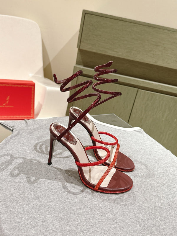 RC 25 Snake-Shaped High-Heeled Sandals Dark Red Silk Rhinestones 268061