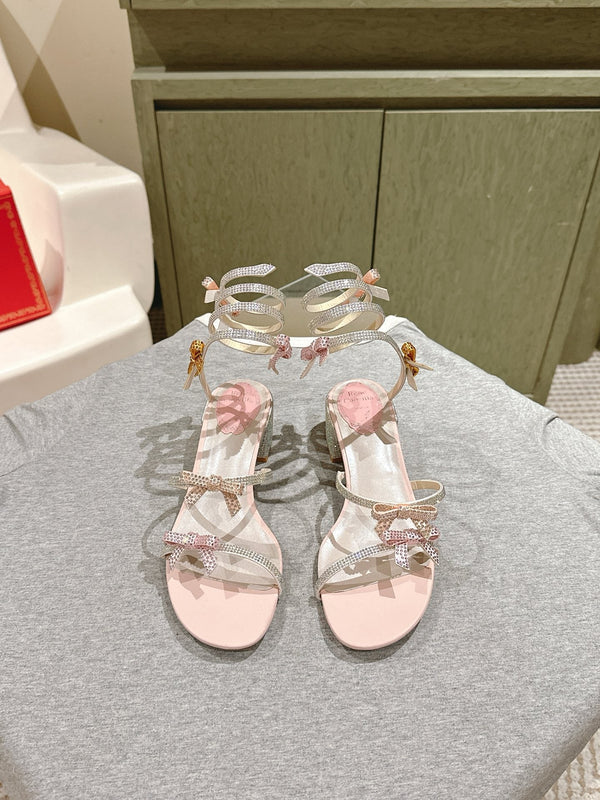 RC 25 Sandali con tacco alto a forma di serpente, fiocco in seta rosa con strass 268070