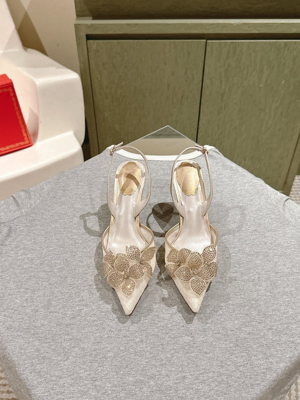 RC 25C Slingback Flower High Heel 7.5cm Beige Silk Rhinestones 268081