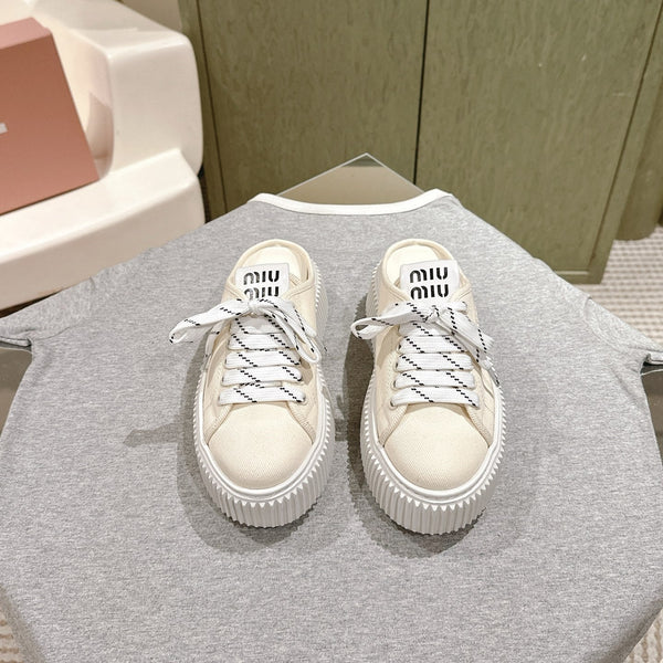 Miu Miu Biscuit Shoes Platform Mules Cream  Denim Canvas 532871
