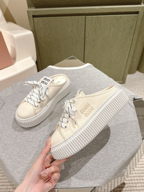 Miu Miu Biscuit Shoes Platform Mules Cream  Denim Canvas 532871
