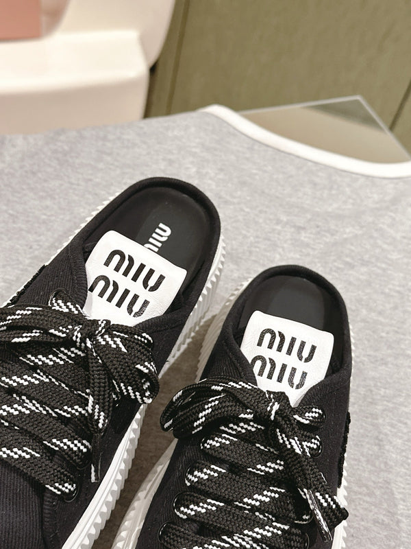 Miu Miu Biscuit Shoes Platform Mules Black Denim Canvas 532872