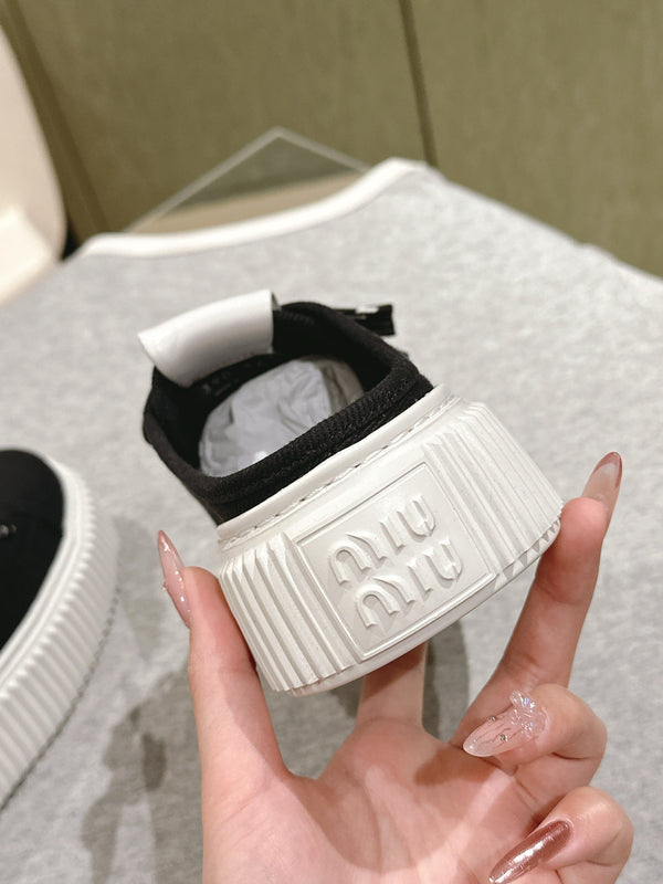 Miu Miu Biscuit Shoes Platform Mules Black Denim Canvas 532872