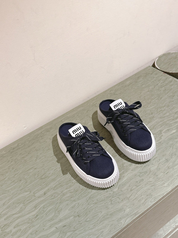 Miu Miu Biscuit Shoes Platform Mules Navy  Denim Canvas 532874