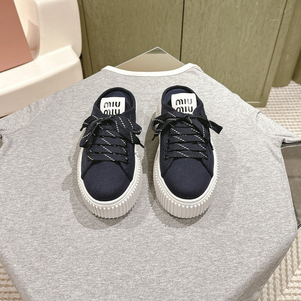 Miu Miu Biscuit Shoes Platform Mules Navy  Denim Canvas 532874