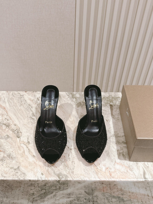 CL 25s Me Dolly Sandal Mule Heel Pump 85mm Black Sheepskin 446686