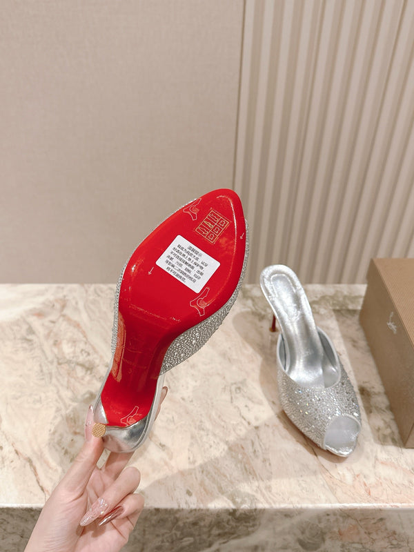 CL 25s Me Dolly Sandal Mule Heel Pump 85mm Sliver Sheepskin 446688