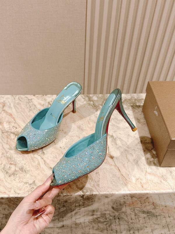 CL 25s Me Dolly Sandal Mule Heel Pump 85mm Blue Sheepskin 446689
