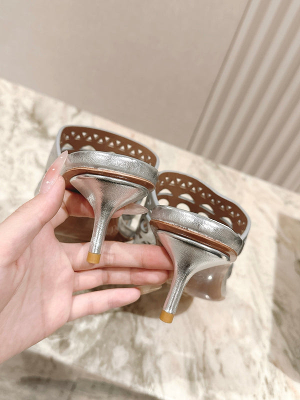 Alaia 2025 Vienne Cutout Kitten-Heel Slide Sandals Silver Leather 293647