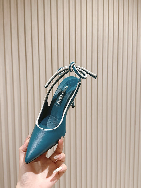 Miu Mordoré Pointed Toe Slingback Pumps 85mm Blue-teal Cowhide Sheepskin 445787