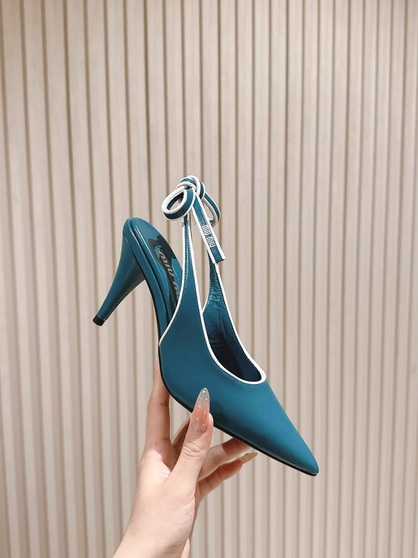 Miu Mordoré Pointed Toe Slingback Pumps 85mm Blue-teal Cowhide Sheepskin 445787