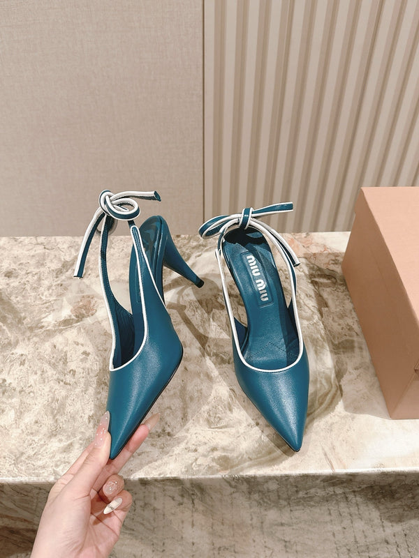 Miu Mordoré Pointed Toe Slingback Pumps 85mm Blue-teal Cowhide Sheepskin 445787