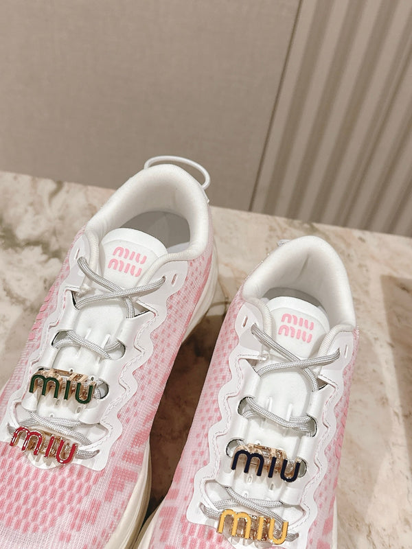 Miu Technical Sneakers White Light Pink Cowhide Fabric 445809