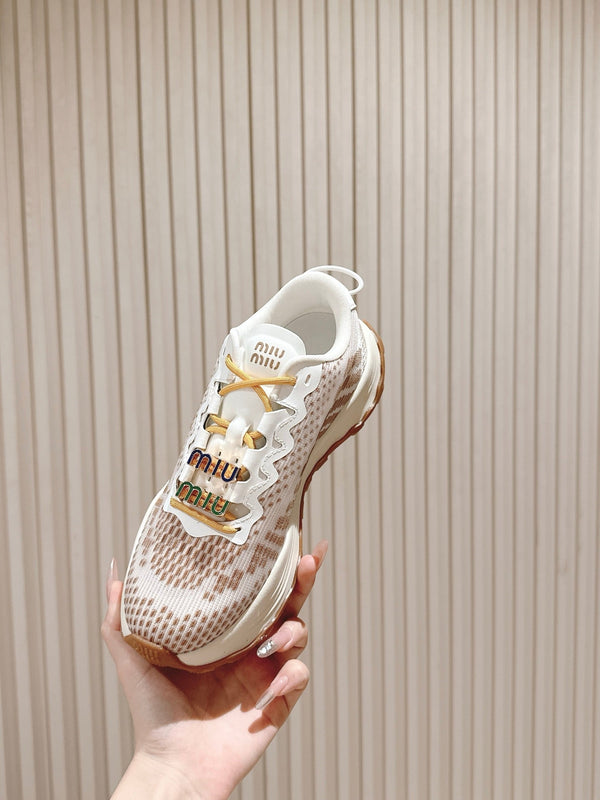 Miu Technical Sneakers White Light Brown Cowhide Fabric 445810