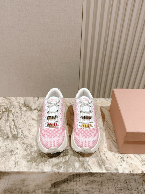 Miu Technical Sneakers White Light Pink Cowhide Fabric 445809